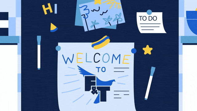 Animated welcome banner for The Laboratory School of Finance and Technology, showing lockers at the Eagle's Nest, established 2003